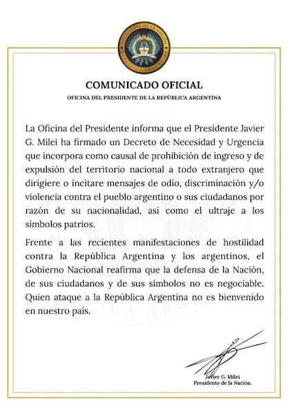 Comunicado de la Oficina del Presidente respecto a la modificación de la Ley de Migraciones