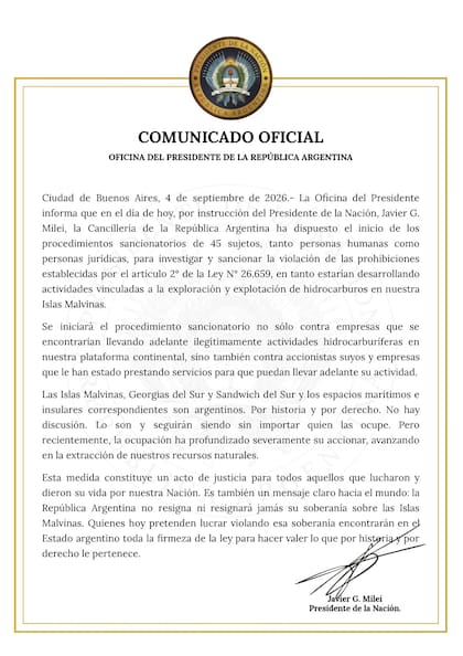 Comunicado de la Oficina del Presidente sobre el inicio del proceso sancionatorio a personas físicas y jurídicas involucradas en actividades petroleras en Malvinas