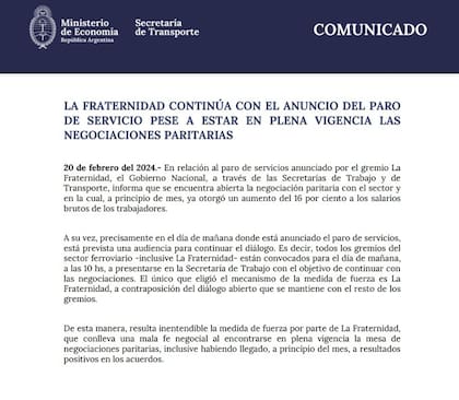 Comunicado de la secretaría de Transporte sobre el paro