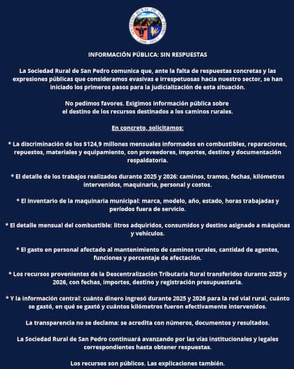 Comunicado de la Sociedad Rural de San Pedro