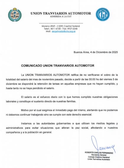 Comunicado de la UTA por el cual ratifica el paro de colectivos de este viernes 5 de diciembre