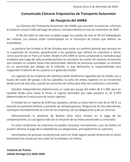 Comunicado de las cámaras en reclamo salarial