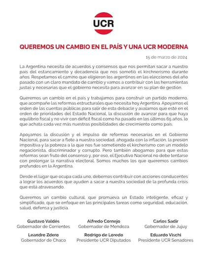 Comunicado de líderes de la UCR contra Loustau