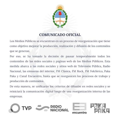 Comunicado de los medios públicos.