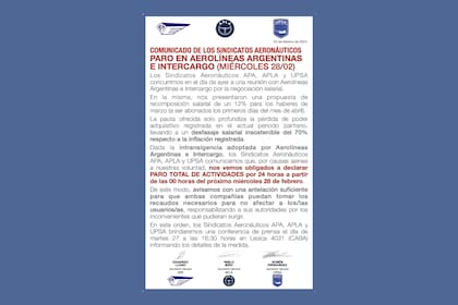 Comunicado de los Sindicatos Aeronáuticos sobre la medida de fuerza que se llevará a cabo el miércoles 28 de febrero