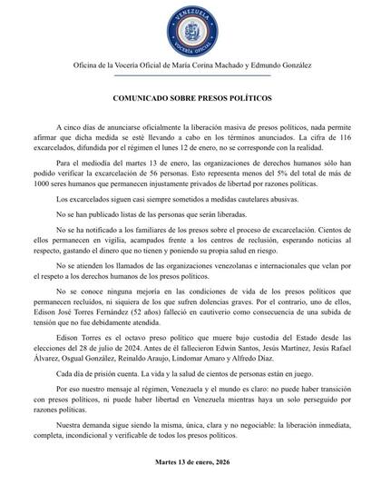 Comunicado de María Corina Machado y Edmundo González sobre los presos políticos