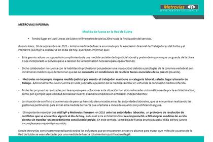 Comunicado de Metrovías por el paro de hoy