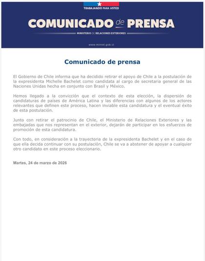 Comunicado de prensa de la cancillería chilena