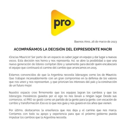 Comunicado de Pro después de que Mauricio Macri anunciara que no será candidato a presidente