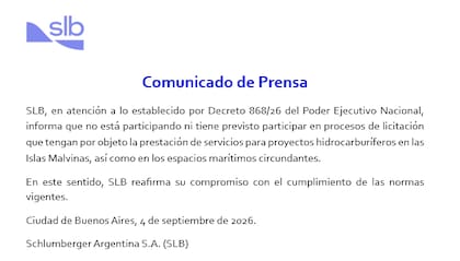 Comunicado de SBL donde confirma que no participará en actividades de hidrocarburos en las Islas Malvinas