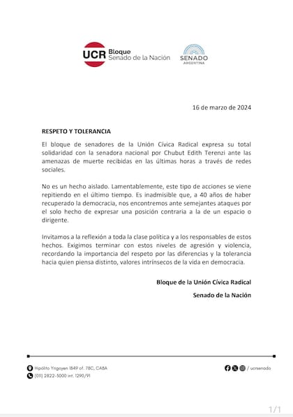 Comunicado de senadores de la UCR