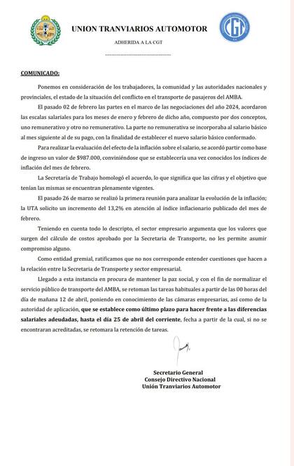 Comunicado de UTA (Foto X/@utaargentina)