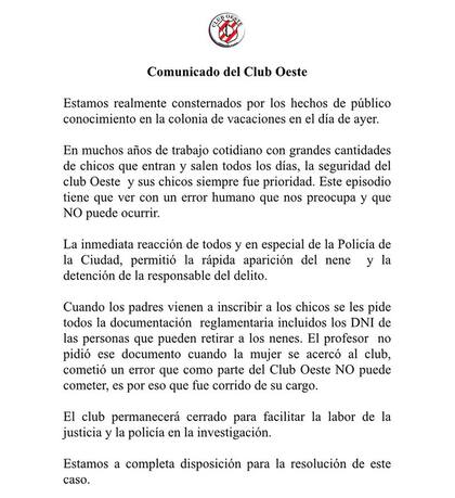 El comunicado que publicó el club en sus redes sociales