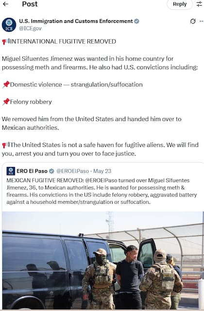 Comunicado del ICE y El Paso sobre la deportación de Miguel Sifuentes Jiménez