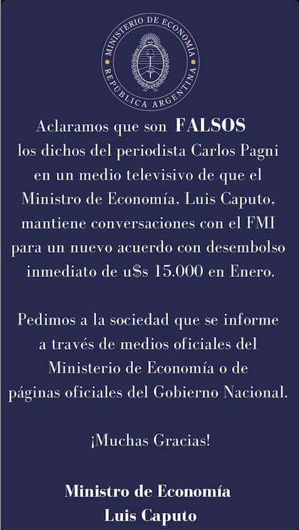 Comunicado del Ministerio de Economía