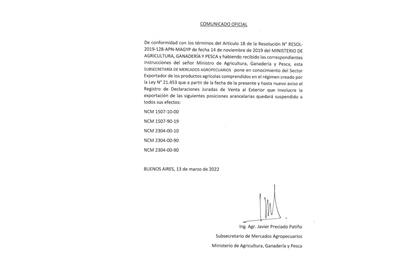 Comunicado del Ministerio de Agricultura, Ganadería y Pesca