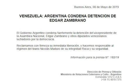 Comunicado del Ministerio de Relaciones Exteriores y Culto de Argentina