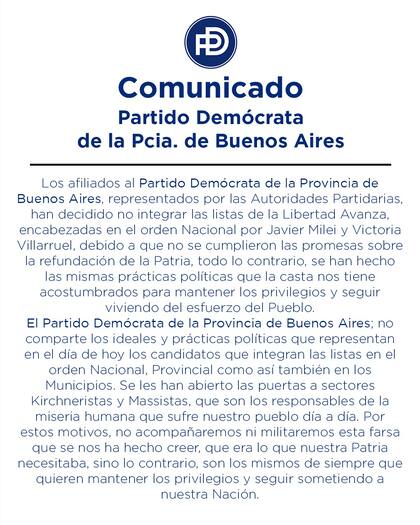 Comunicado del Partido Demócrata bonaerense que denuncia injerencia kirchnerista y massista en las listas de Milei