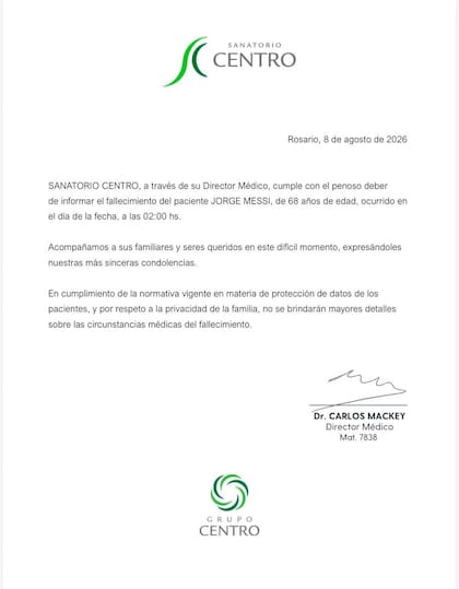 Comunicado del sanatorio por la muerte de Jorge Messi