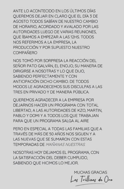 Comunicado difundido hoy por las Trillizas en sus redes sociales