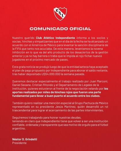 Comunicado oficial de Independiente