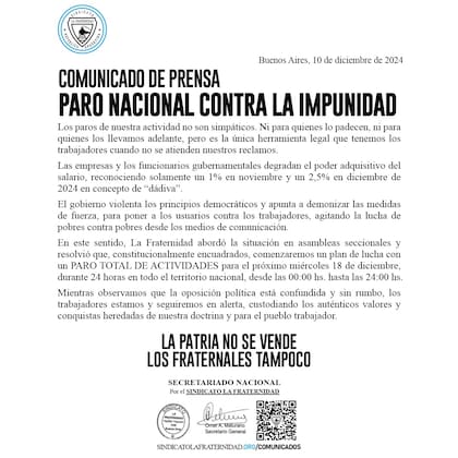 Comunicado oficial de La Fraternidad (Fuente:Instagram/@sindicatolafraternidad)