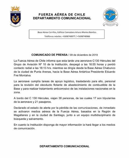 Imagen del comunicado oficial de la Fuerza Aérea de Chile