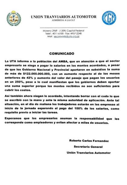 Comunicado oficial de la UTA de este miércoles