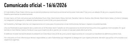 Comunicado oficial de River Plate respecto a la situación de los jugadores de los cuales prescindirá