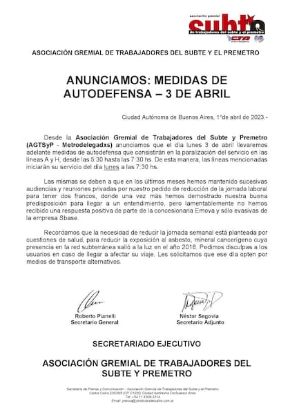 Comunicado paro de subtes