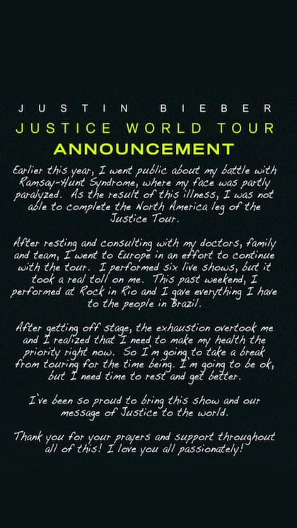 Comunicado que compartió Justin Bieber en su cuenta personal de Instagram.