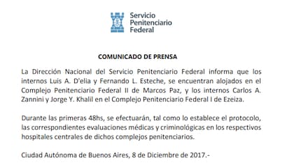 comunicado Servicio Penitenciario Federal presos detenidos denuncia Nisman D''Elía Zannini Esteche