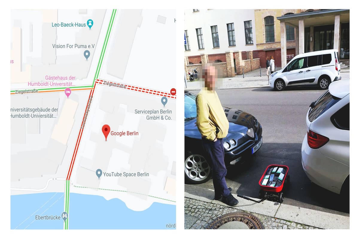 Con casi un centenar de celulares activados en el mismo lugar, Google identificó la alta concentración de "usuarios" y el "tráfico" lento que habría en una calle donde en la realidad no circulaban autos. Crédito: Simon Weckert