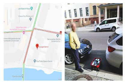 Con casi un centenar de celulares activados en el mismo lugar, Google identificó la alta concentración de "usuarios" y el "tráfico" lento que habría en una calle donde en la realidad no circulaban autos. Crédito: Simon Weckert