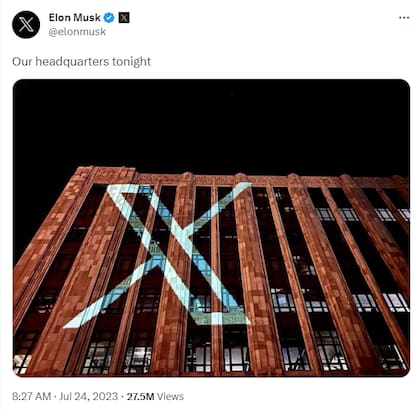 Con esta foto de "nuestra oficina central esta noche", Elon Musk impuso el nuevo nombre de su plataforma.