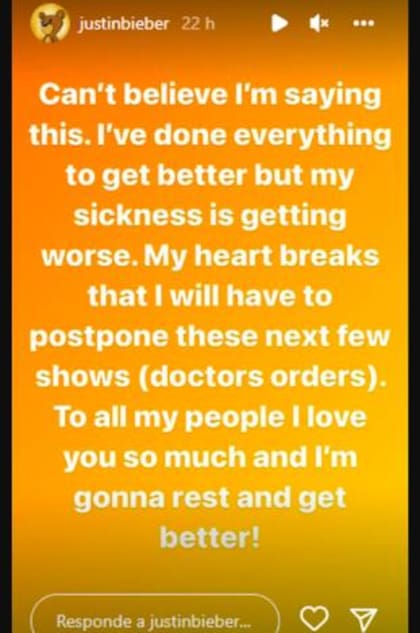 Con este comunicado, Justin Bieber confirmó la cancelación de sus próximos shows