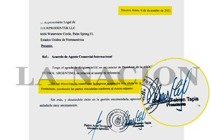 Con la firma de Tapia y Toviggino, la AFA aprobó la oferta de TourProdEnter el 9 de diciembre de 2021.