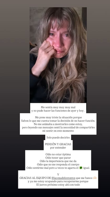 Con lágrimas en sus ojos, Laurita Fernández contó que un estado gripal la obligó a hacer reposo, motivo que la alejó del escenario por dos días