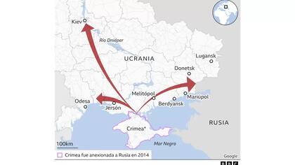 Con las fuerzas rusas al oeste, este y norte, así como en Crimea, el ejército ucraniano estaría rodeado