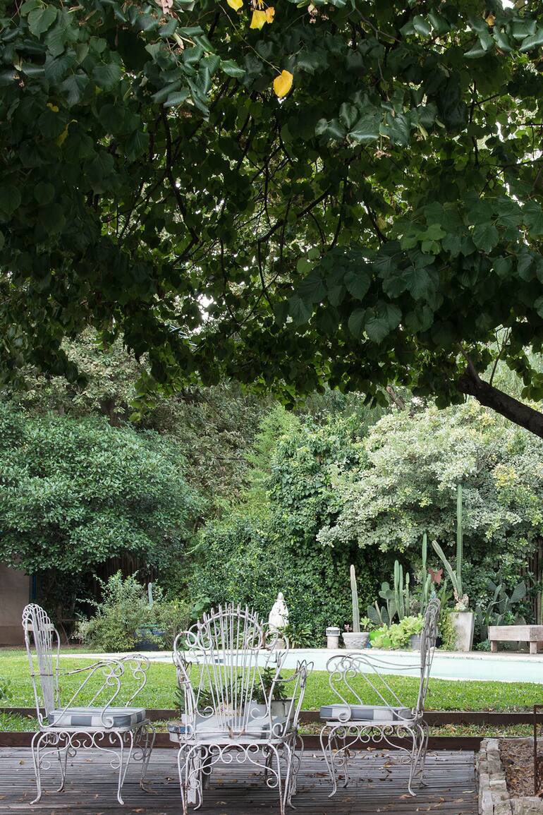 Con leves cambios de nivel como transición, la casa se transforma en patio bajo la sombra de un tilo con fuerte protagonismo y el patio en jardín.