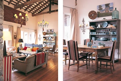 Impacta el sillón de madera colonial peruano. Arriba, un gran paisley de cashmere. Y, con mucho humor, la dueña de casa colgó, en lugar de caireles, cucharitas de madera de las arañas de hierro con pantallas (Laura Daltoe).