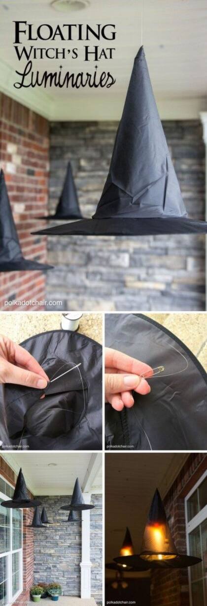 Con tela negra y alambre, es posible crear unos perfectos sombreros de brujas para colgar en el techo
