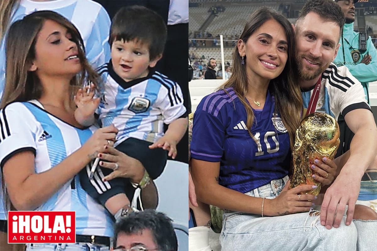 Con Thiago en brazos en Brasil 2014 y celebrando el campeonato del mundo junto a Lionel en Qatar 2022
