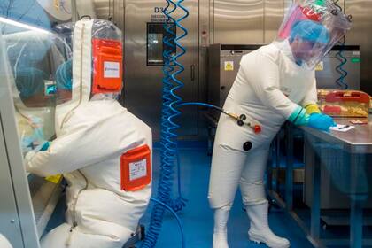 Con trajes especiales y protección, los trabajadores del laboratorio P4 de Wuhan trabajan junto a una jaula con ratones