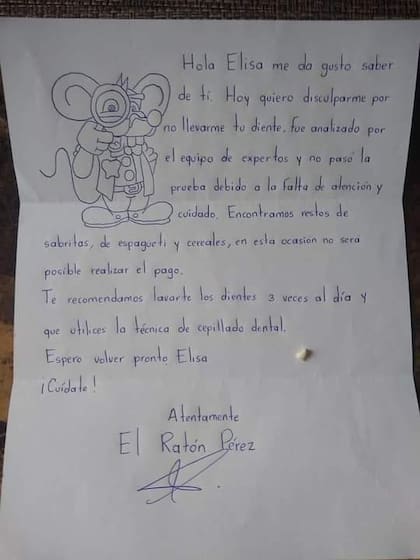 Con un dibujo y la firma del Ratón Pérez, la familia de Elisa le explicó por qué no podían pagarle y le devolvió el diente