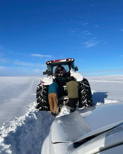 Con un tractor abren camino desde la ruta para poder llegar hasta el campo