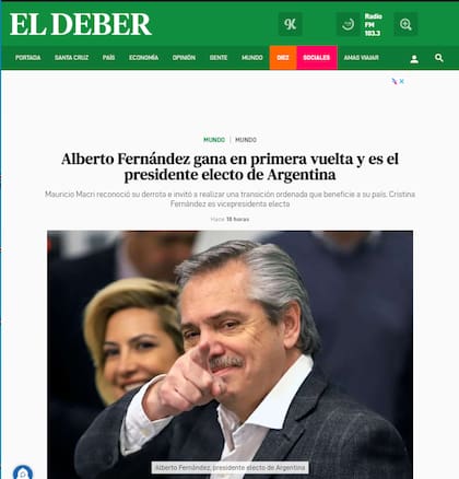 Con una foto de Alberto y Fabiola, el diario boliviano anunció el triunfo del candidato kirchnerista