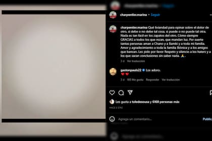 Con una imagen en blanco, la madre de Chano pidió respeto por su hijo (Foto Instagram @charpentier.marina)