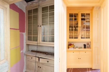 Con una nota de color -hasta el cielorraso es amarillo- y una funcionalidad práctica, se le dio personalidad a este pequeño ambiente de transición. Sabían que el espacio entre el salón de talleres y la cocina iba a tener alta circulación y la puerta permanecería la mayor parte del tiempo abierta.