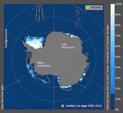 Concentración del hielo marino antártico el 13 de febrero de 2023 (NSIDC)